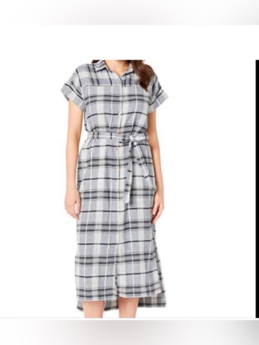 Jones New York Gray Plaid Midi Shirt Dress with Self Tie Belt